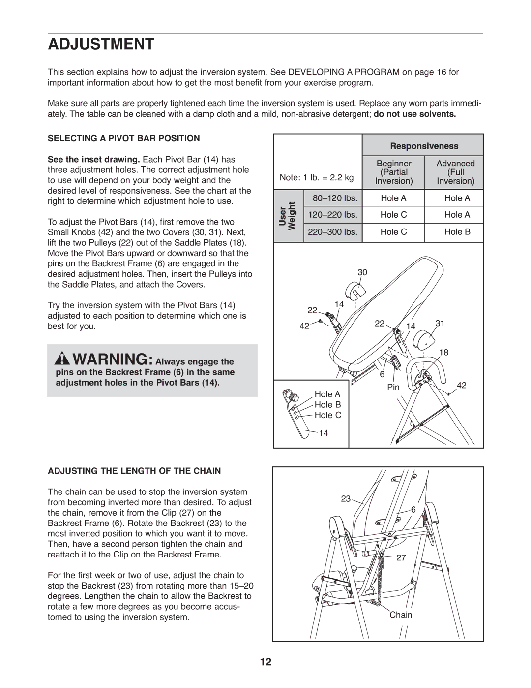 Weider WEBE0878.0 manual Adjustment, Selecting a Pivot BAR Position, Adjusting the Length of the Chain 