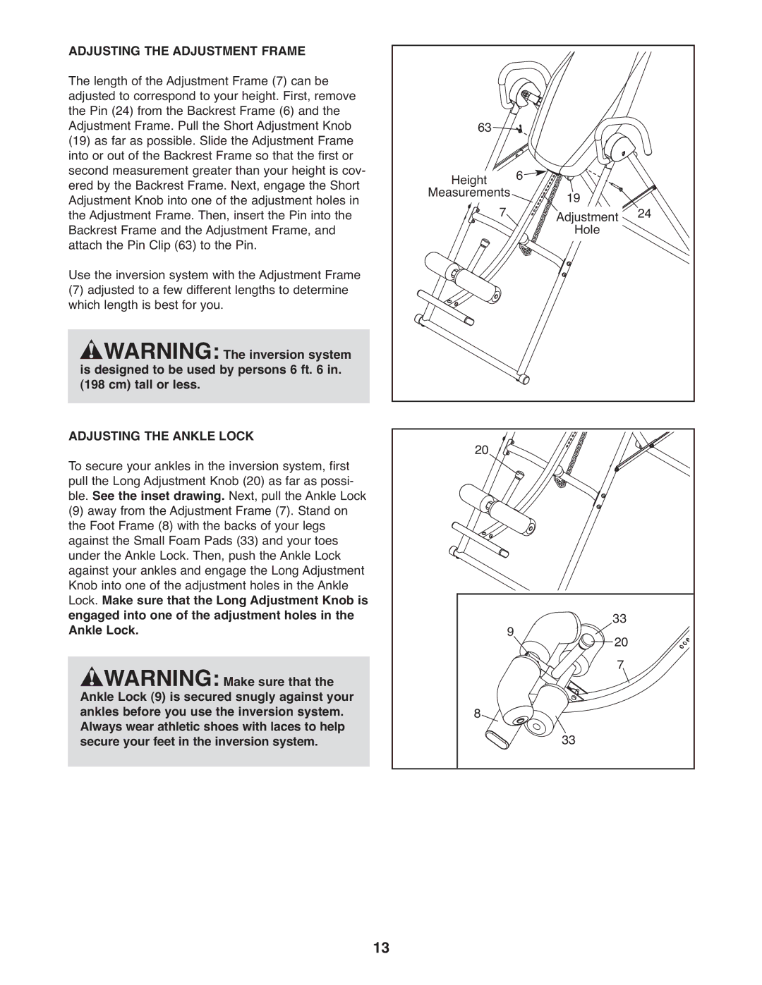 Weider WEBE0878.0 manual Adjusting the Adjustment Frame, Cm tall or less, Adjusting the Ankle Lock 