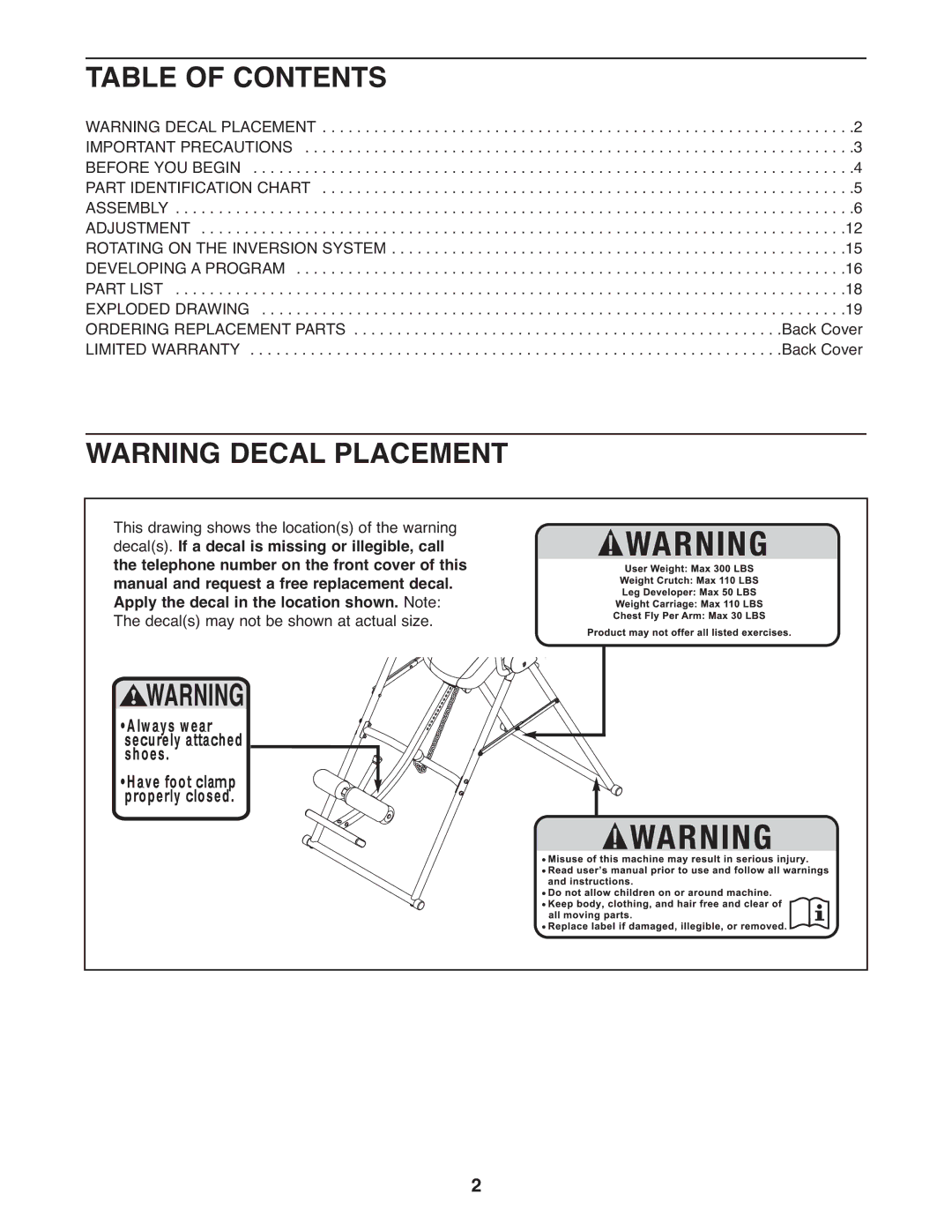 Weider WEBE0878.0 manual Table of Contents 