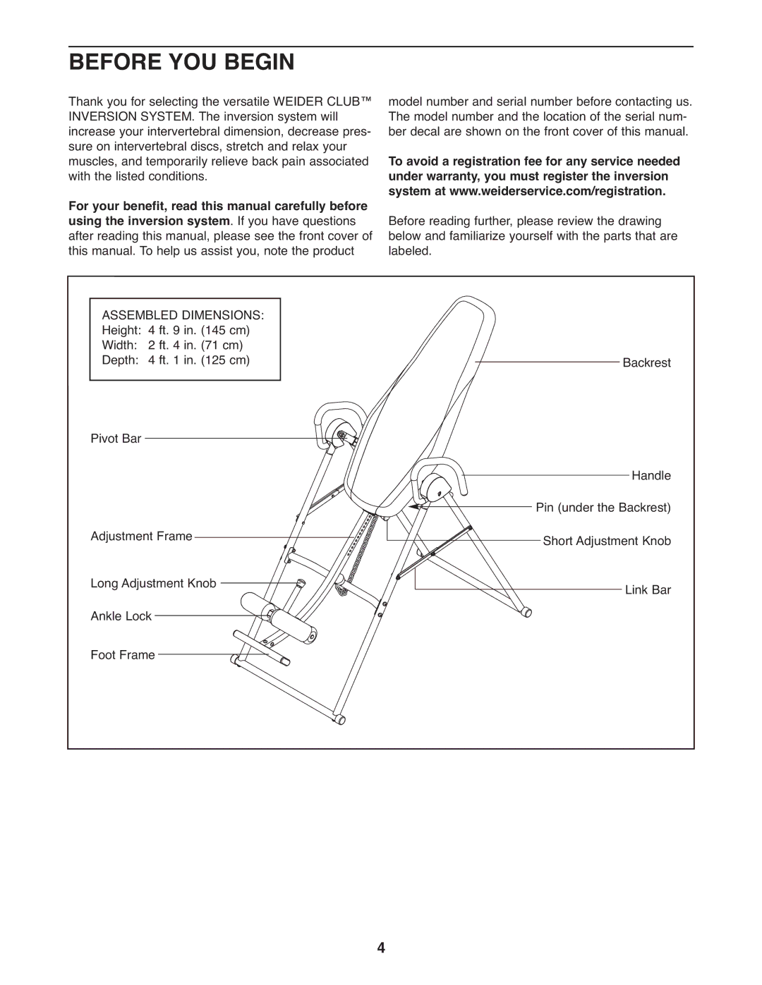 Weider WEBE0878.0 manual Before YOU Begin, Assembled Dimensions 