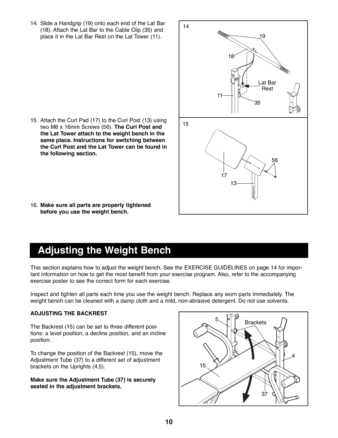 Weider WEBE08900 manual Adjusting the Weight Bench, Adjusting the Backrest 