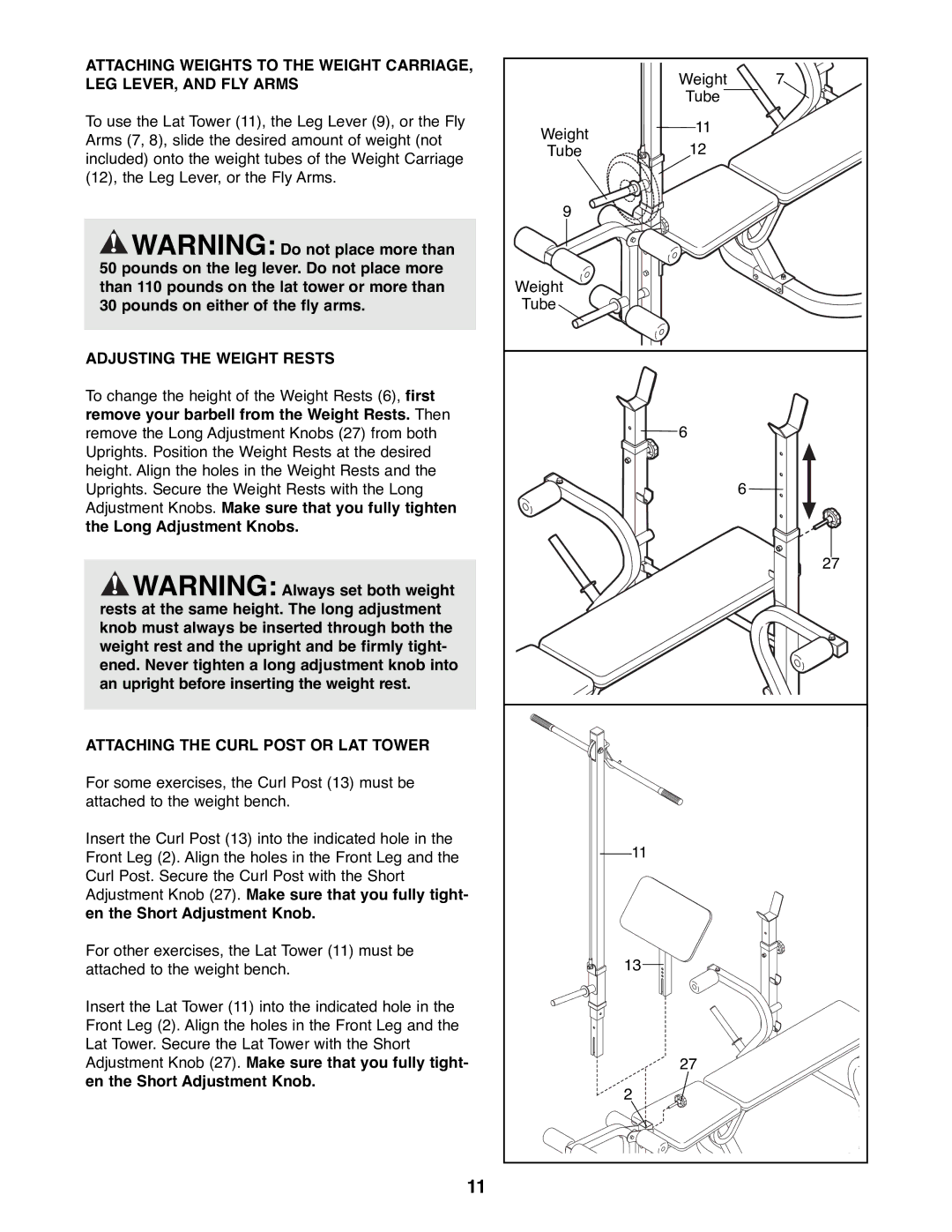 Weider WEBE08900 manual Adjusting the Weight Rests, Attaching the Curl Post or LAT Tower 