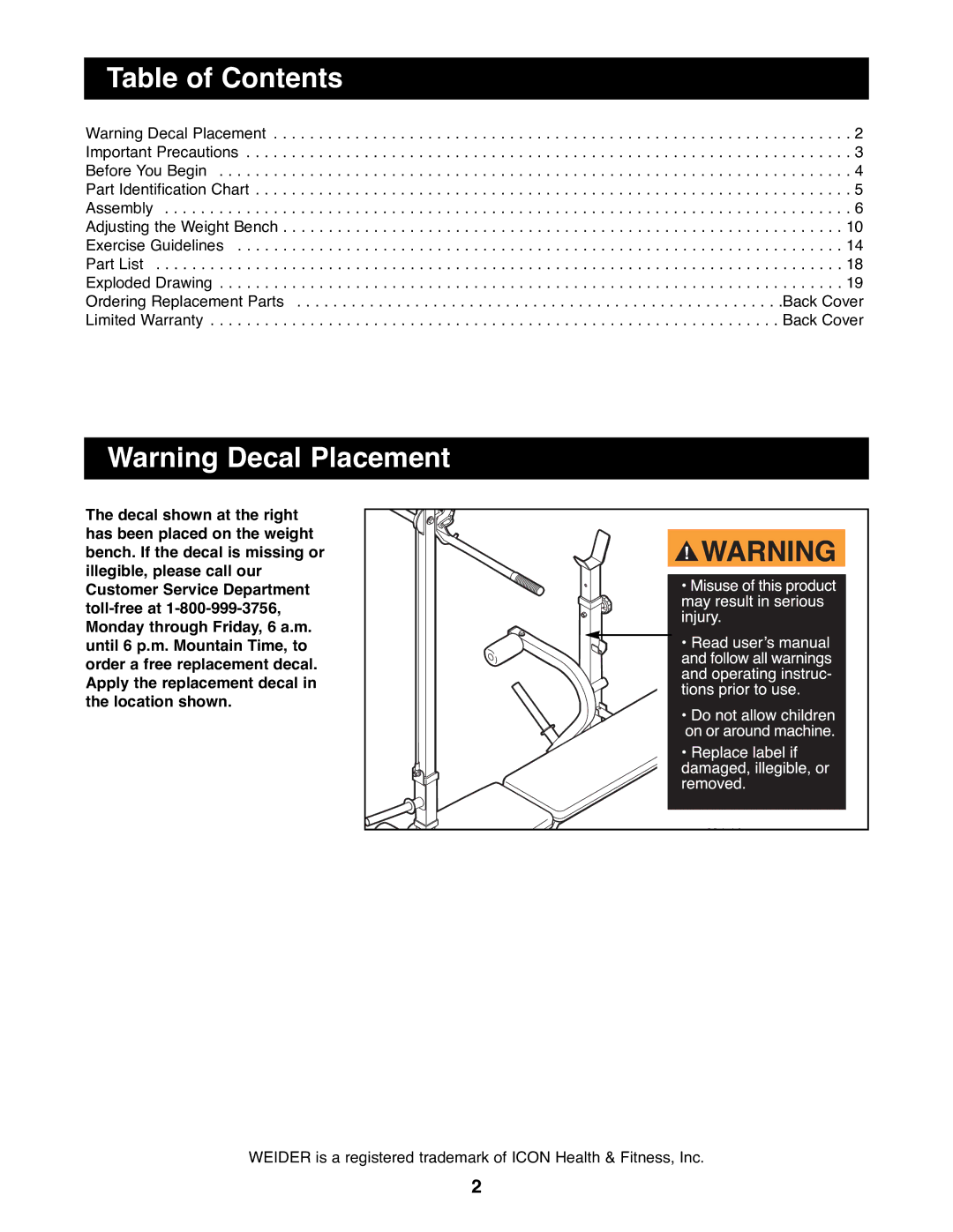 Weider WEBE08900 manual Table of Contents 