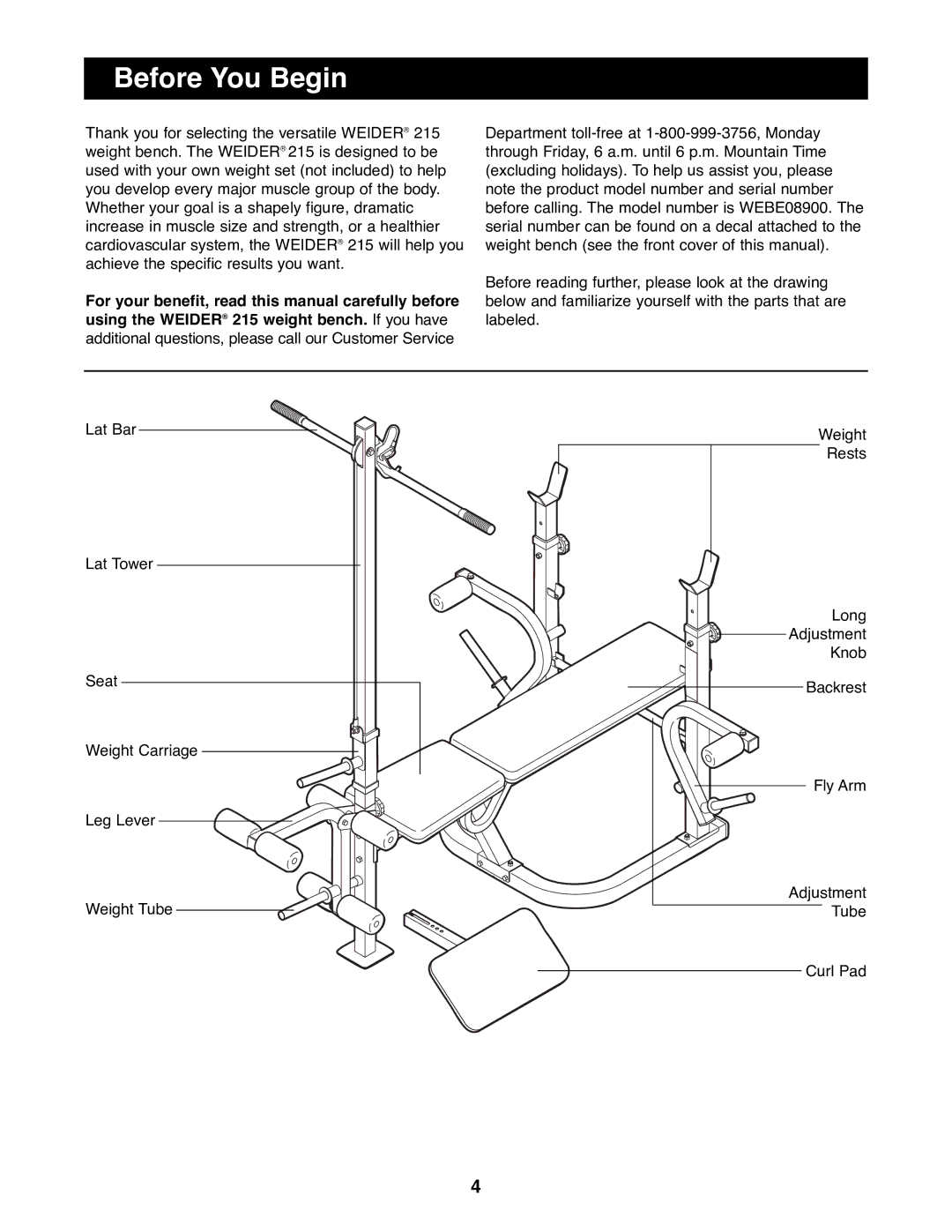 Weider WEBE08900 manual Before You Begin 