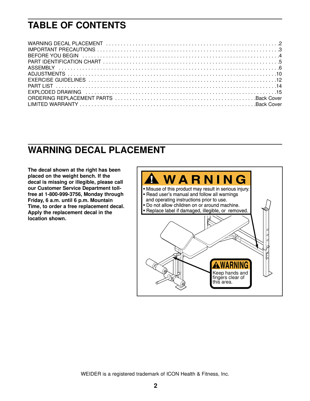 Weider WEBE08910 user manual Table of Contents 