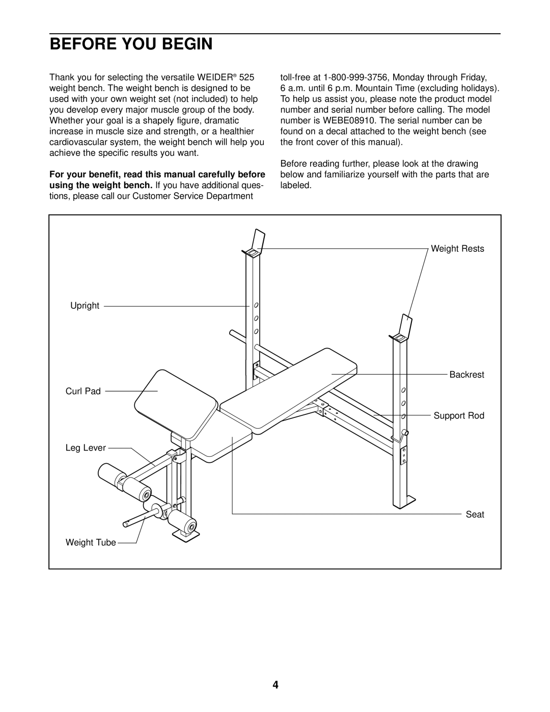 Weider WEBE08910 user manual Before YOU Begin, Using the weight bench 