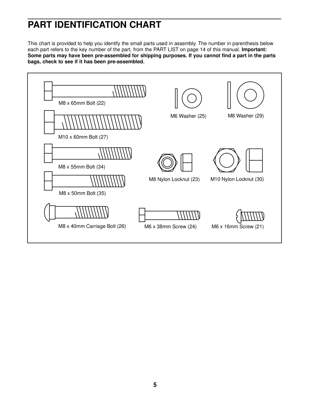 Weider WEBE08910 user manual Part Identification Chart, Part, from the Part List on page 14 of this manual, Pre-assembled 