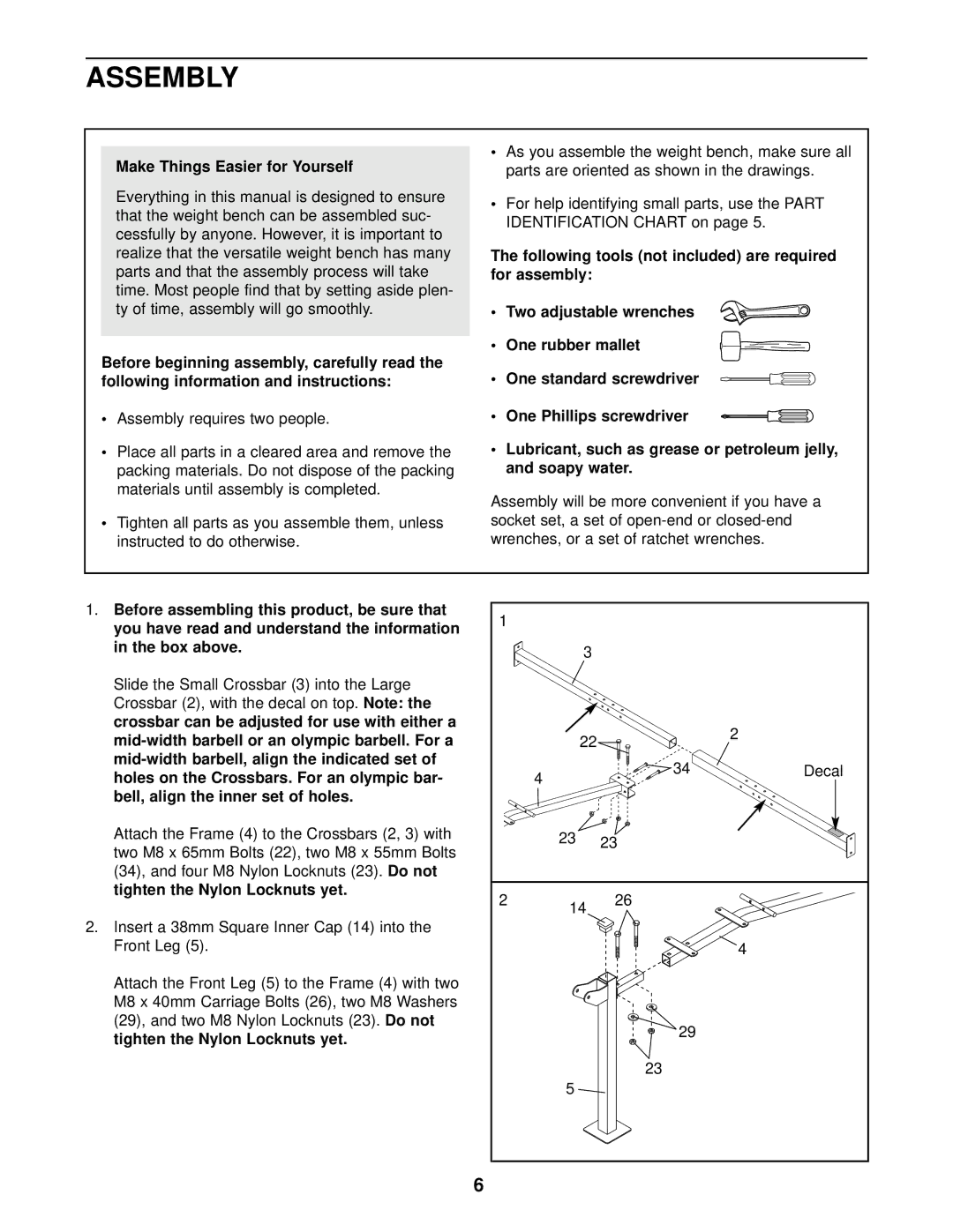 Weider WEBE08910 user manual Assembly, Make Things Easier for Yourself, Crossbar 2, with the decal on top 