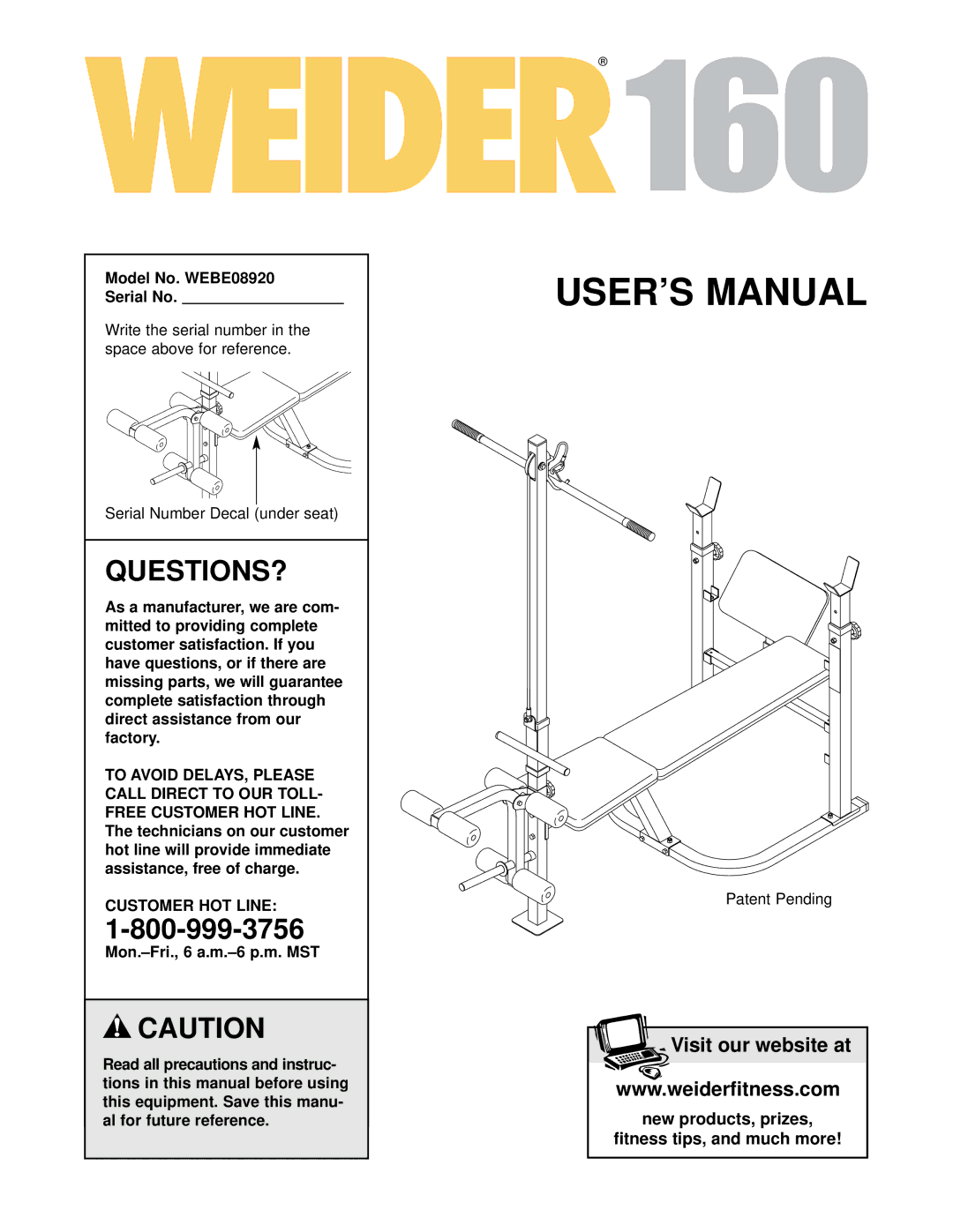 Weider user manual Questions?, Model No. WEBE08920 Serial No, Customer HOT Line 