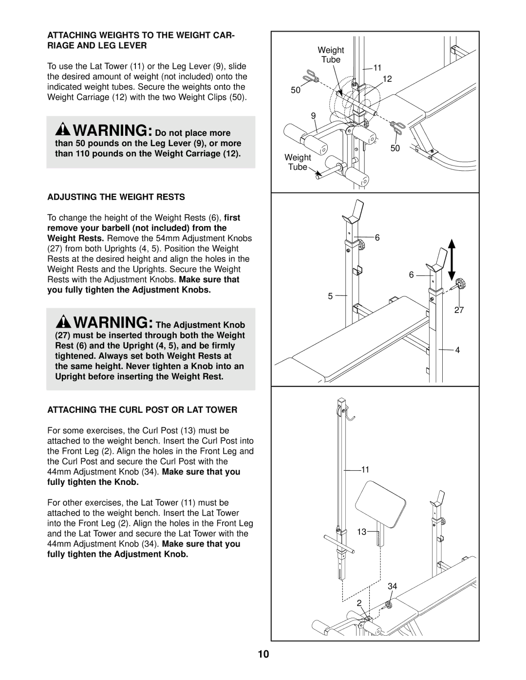 Weider WEBE08920 user manual Attaching Weights to the Weight CAR- Riage and LEG Lever, Adjusting the Weight Rests 