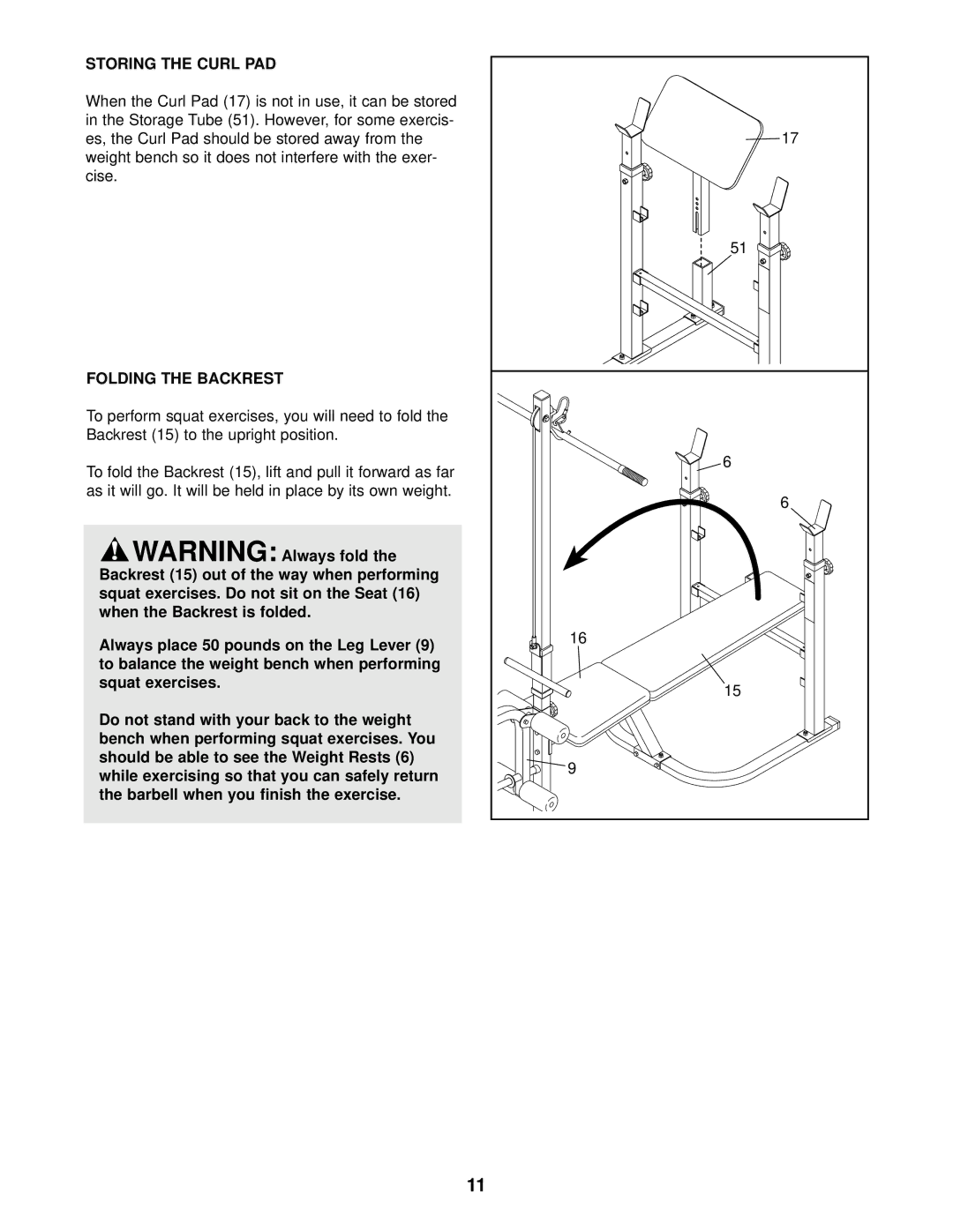 Weider WEBE08920 user manual Storing the Curl PAD, Folding the Backrest 