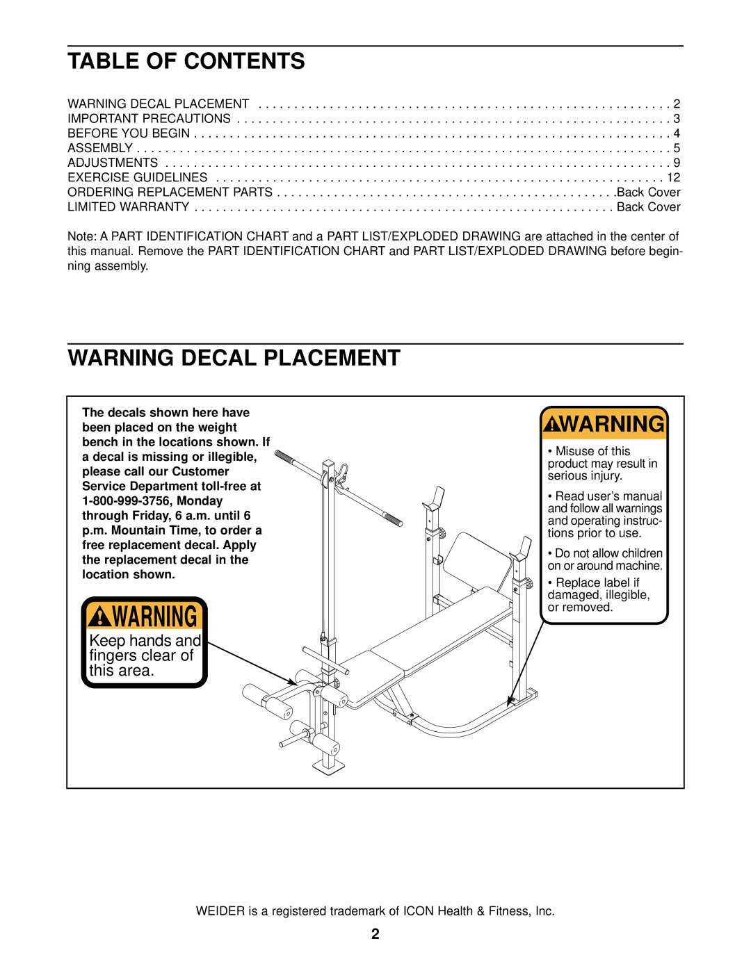 Weider WEBE08920 user manual Table of Contents 