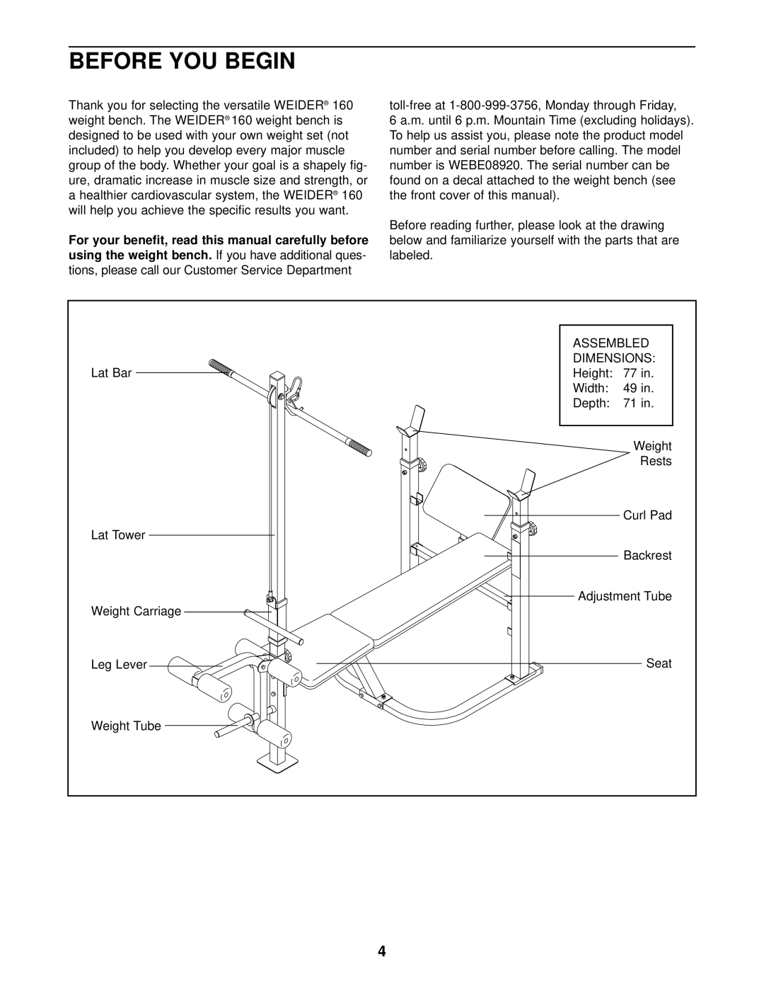 Weider WEBE08920 user manual Before YOU Begin, Dimensions 