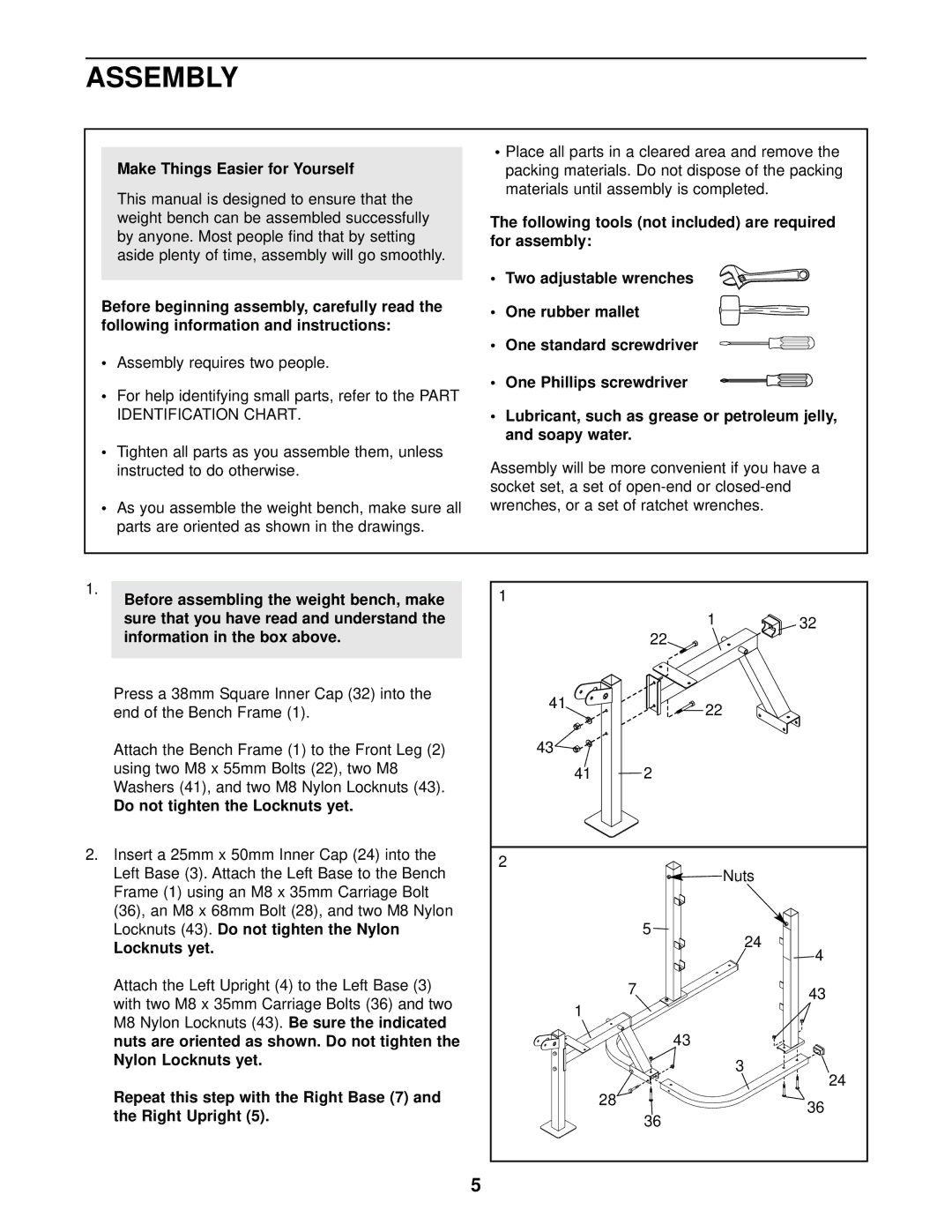 Weider WEBE08920 user manual Assembly, Make Things Easier for Yourself, Do not tighten the Locknuts yet 