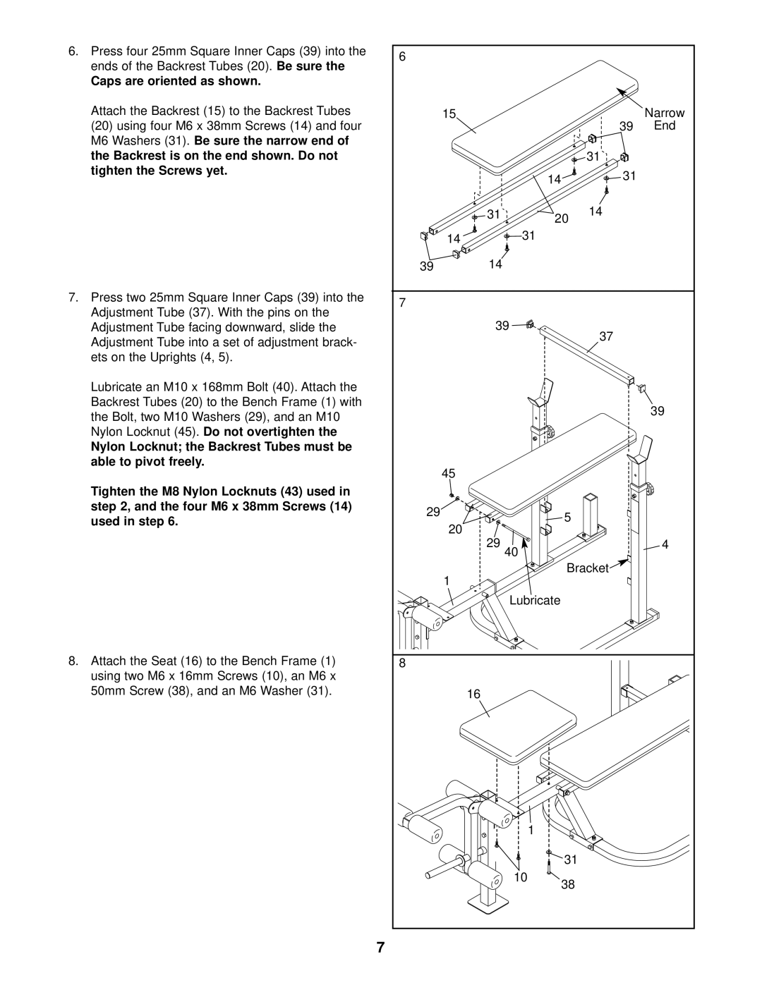 Weider WEBE08920 user manual Caps are oriented as shown 