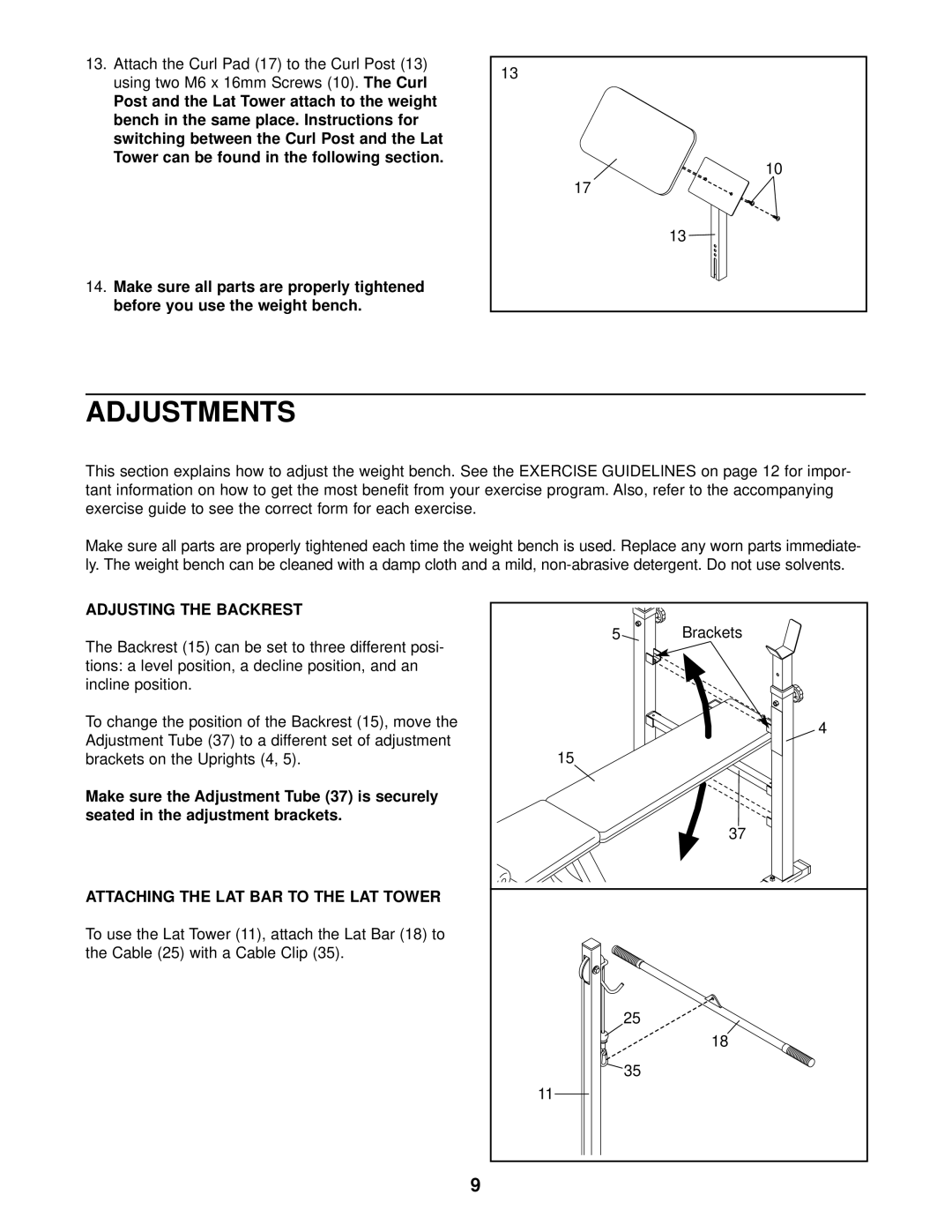 Weider WEBE08920 user manual Adjustments, Adjusting the Backrest, Attaching the LAT BAR to the LAT Tower 