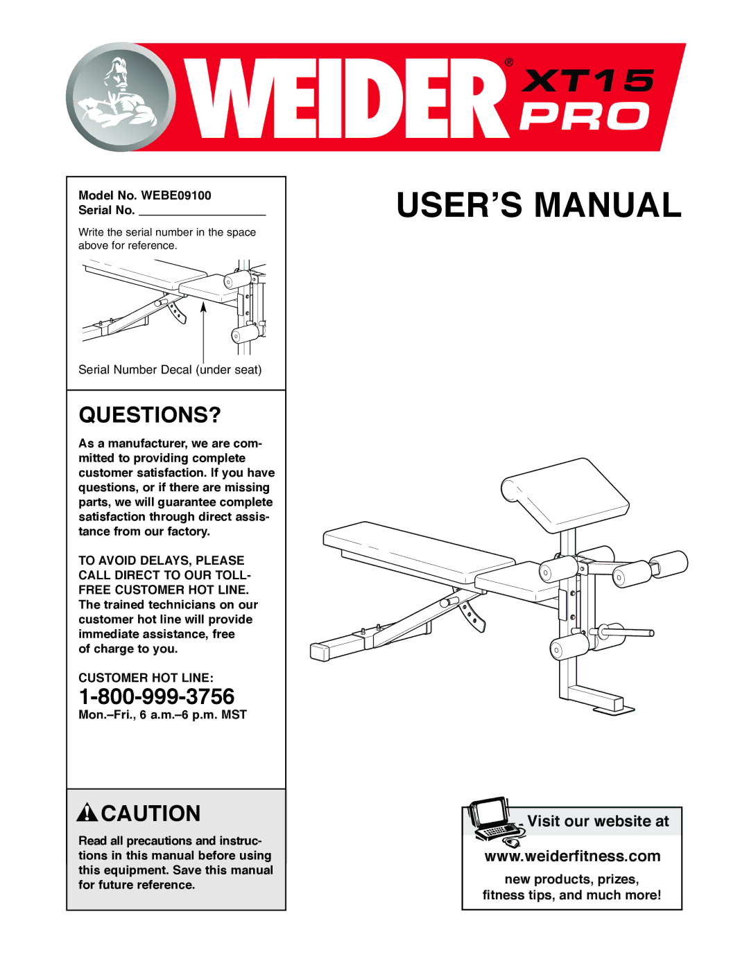 Weider user manual Model No. WEBE09100 Serial No, Customer HOT Line 