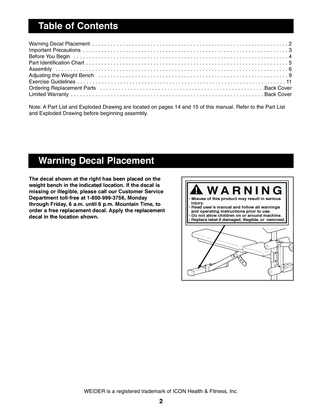 Weider WEBE09100 user manual R N I N G, Table of Contents 