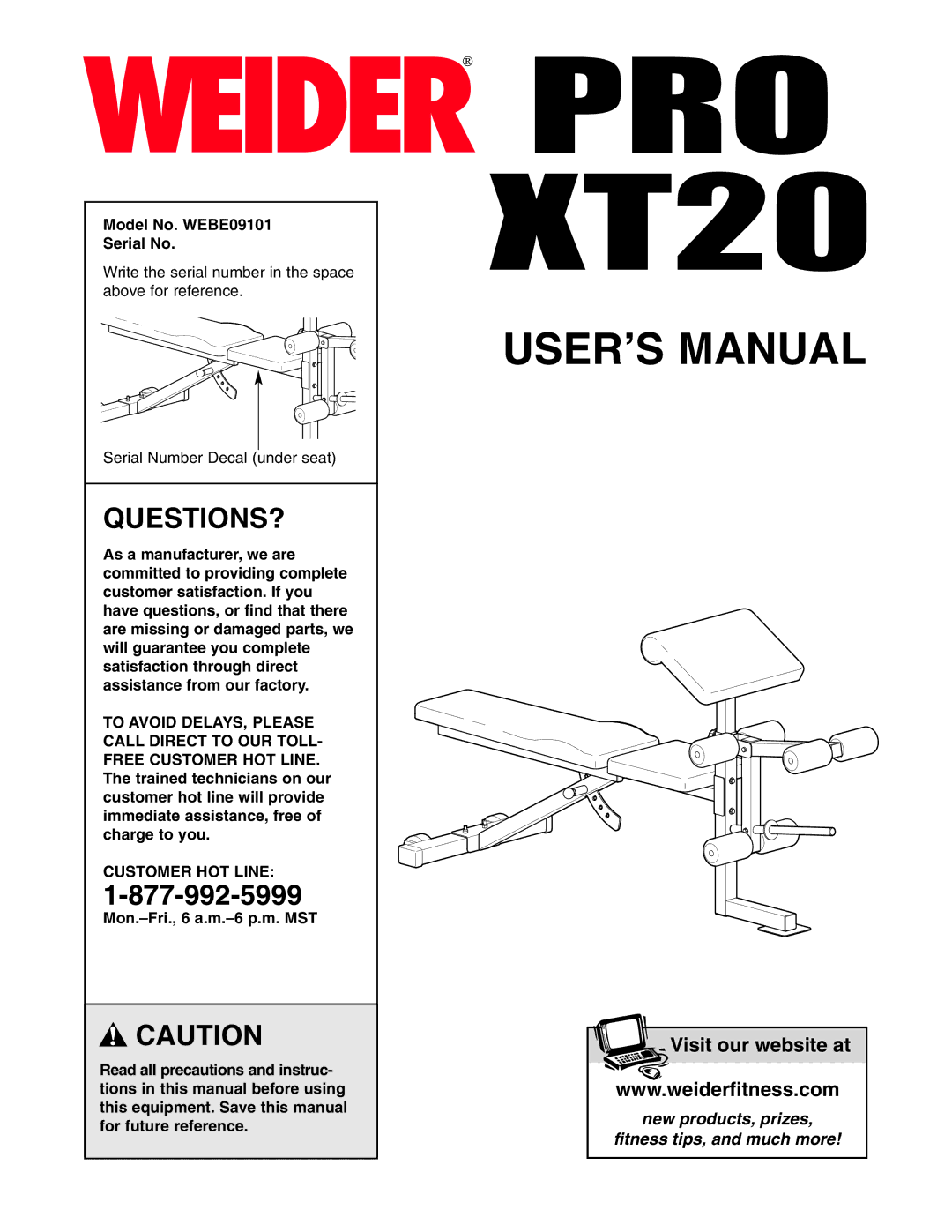 Weider user manual Questions?, Model No. WEBE09101 Serial No, Customer HOT Line 