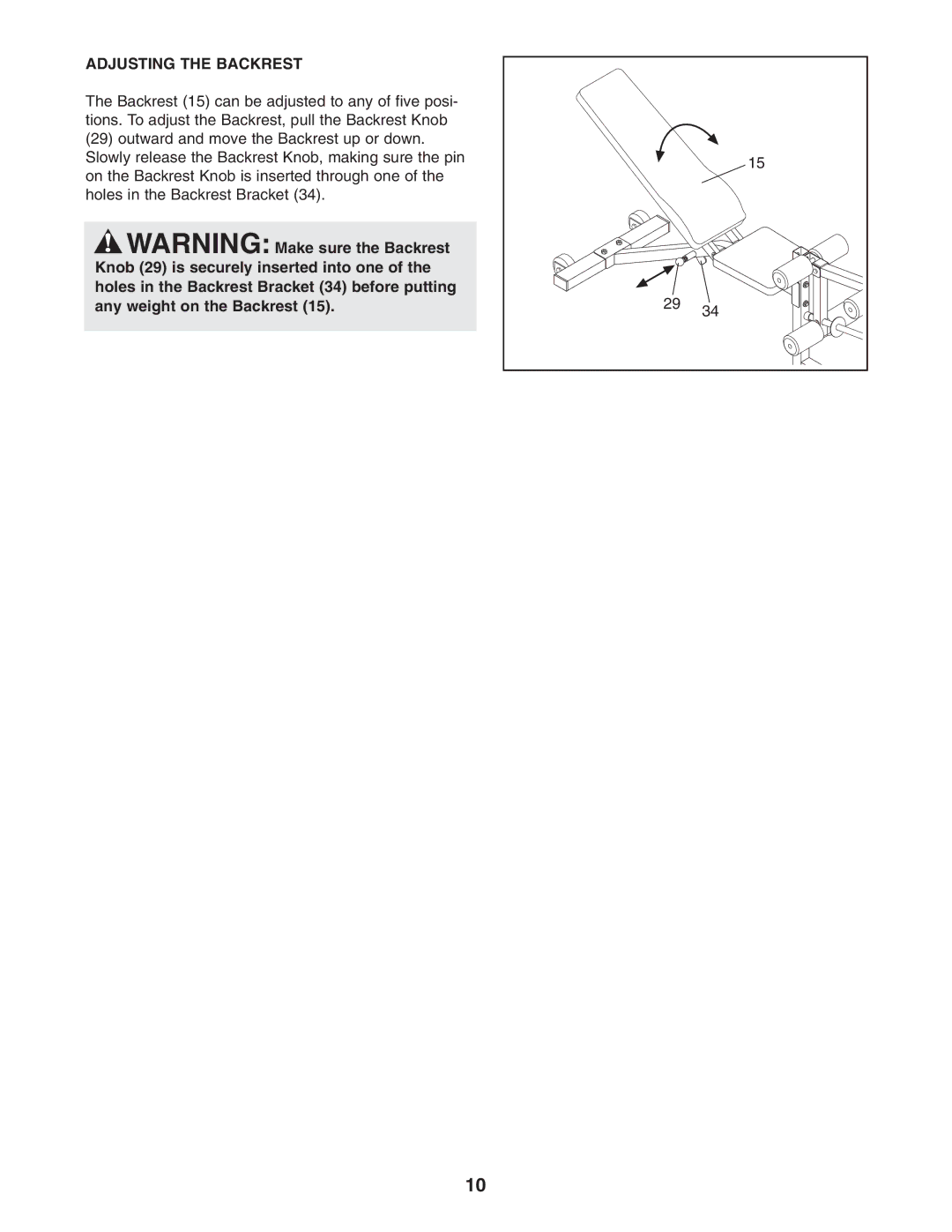 Weider WEBE09101 user manual Adjusting the Backrest 