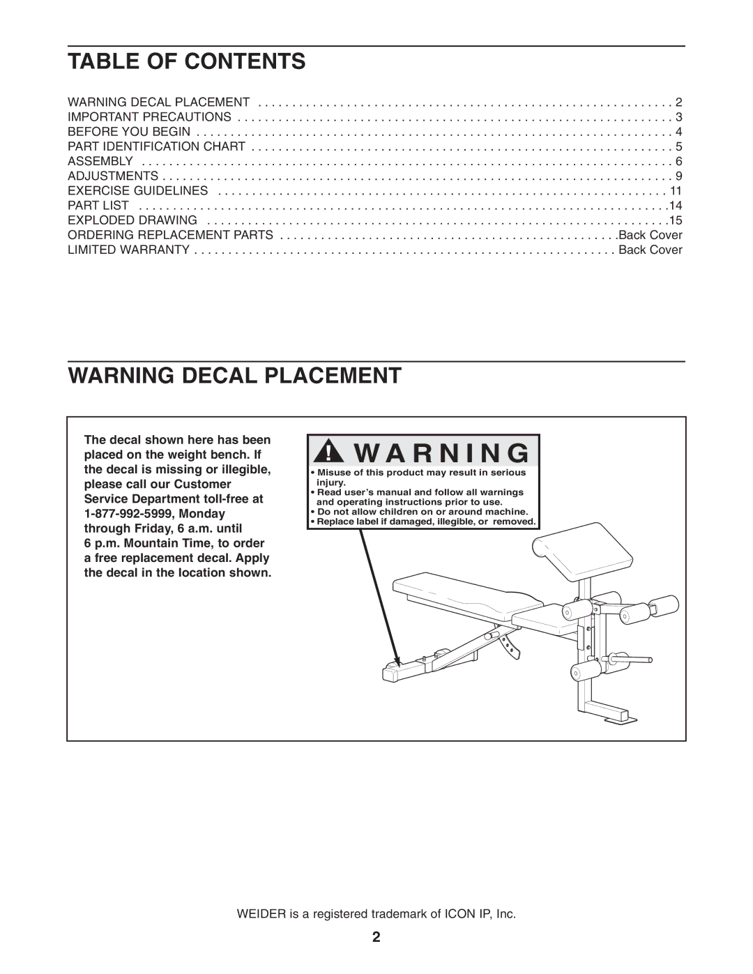 Weider WEBE09101 user manual R N I N G, Table of Contents 