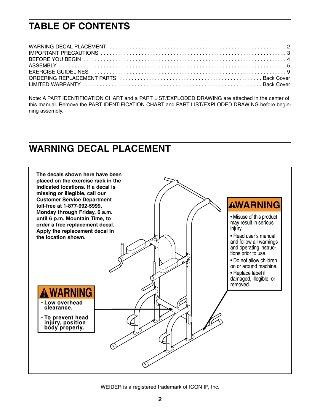 Weider WEBE09140 user manual Table of Contents 