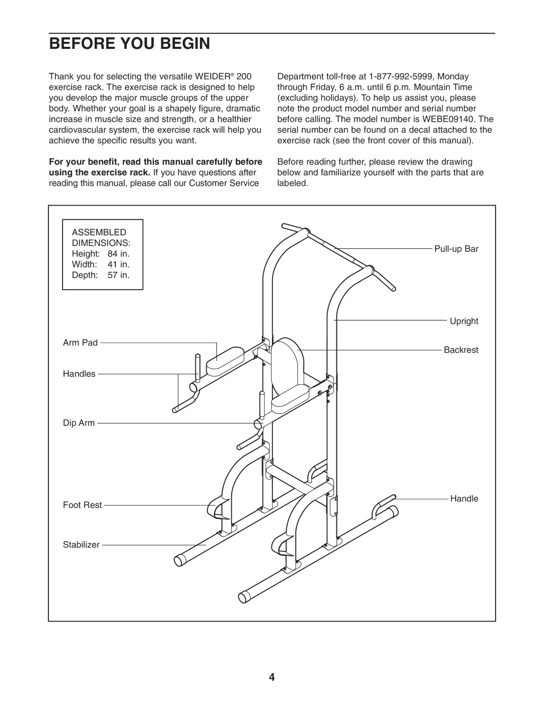 Weider WEBE09140 user manual Before YOU Begin, Assembled Dimensions 