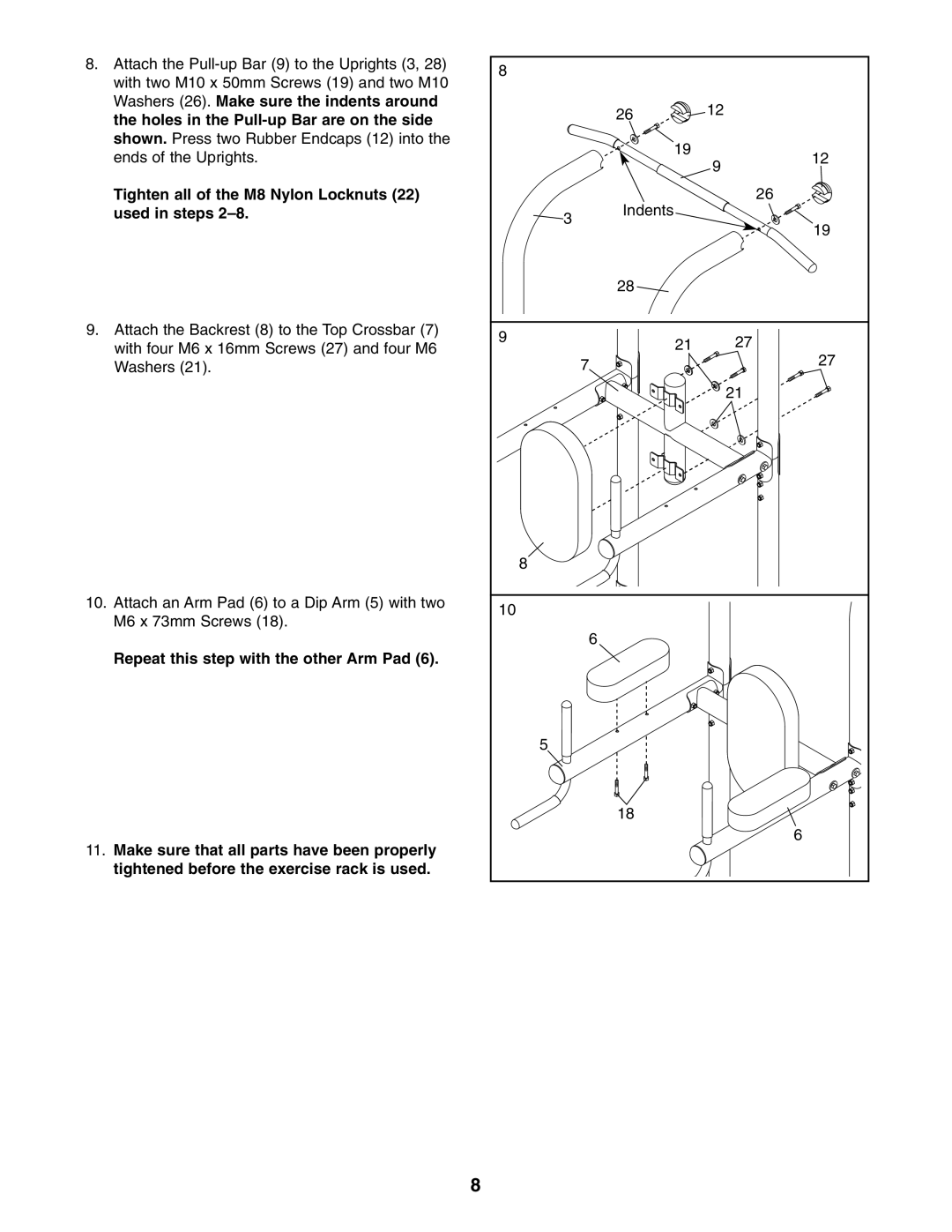 Weider WEBE09140 user manual Tighten all of the M8 Nylon Locknuts 22 used in steps 