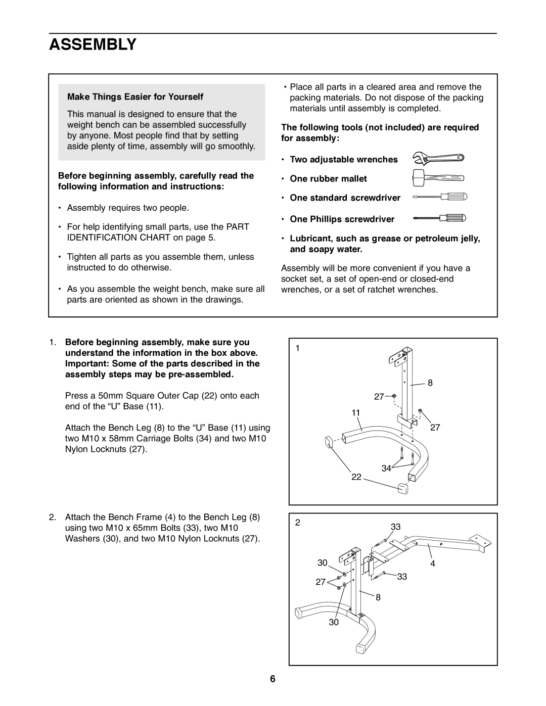 Weider WEBE09200 user manual Assembly, Make Things Easier for Yourself 