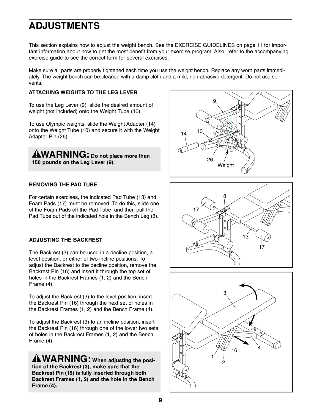 Weider WEBE09200 user manual Adjustments, Attaching Weights to the LEG Lever, Removing the PAD Tube, Adjusting the Backrest 