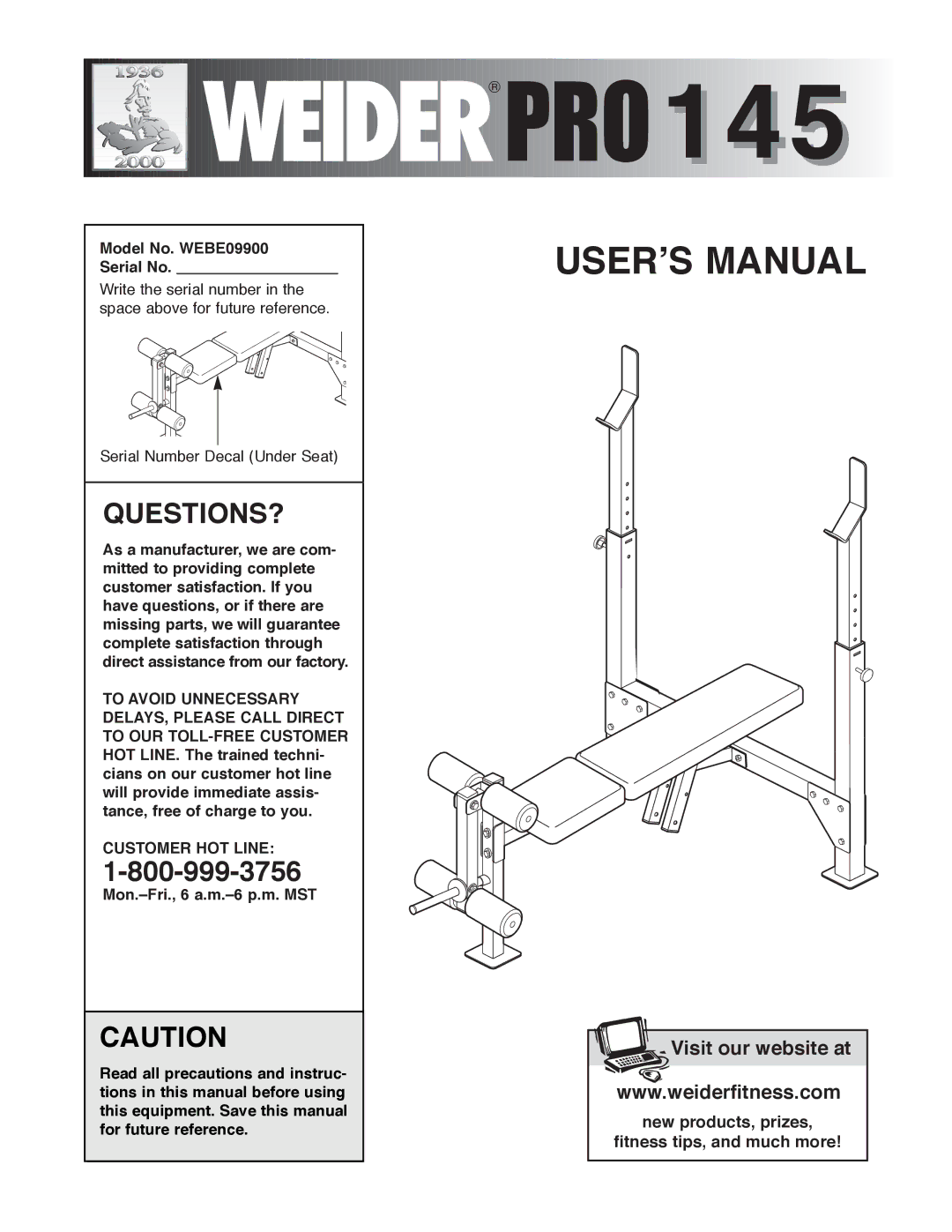 Weider manual Model No. WEBE09900 Serial No, Customer HOT Line 