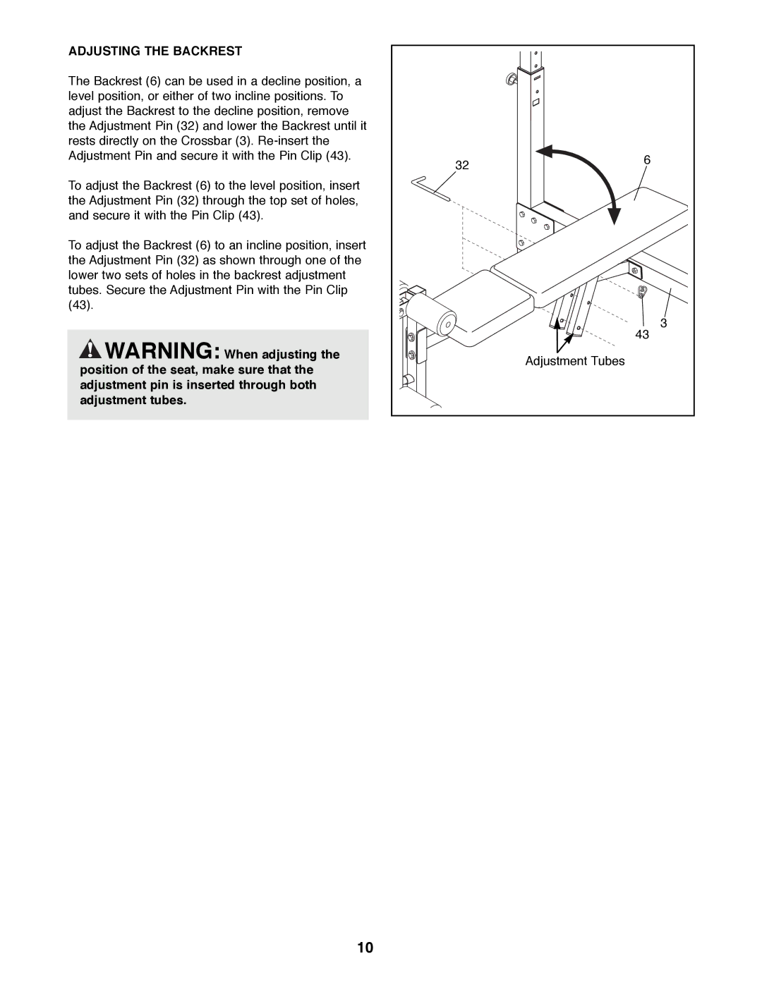 Weider WEBE09900 manual Adjusting the Backrest 