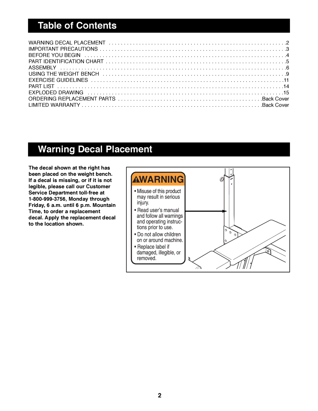 Weider WEBE09900 manual Table of Contents 