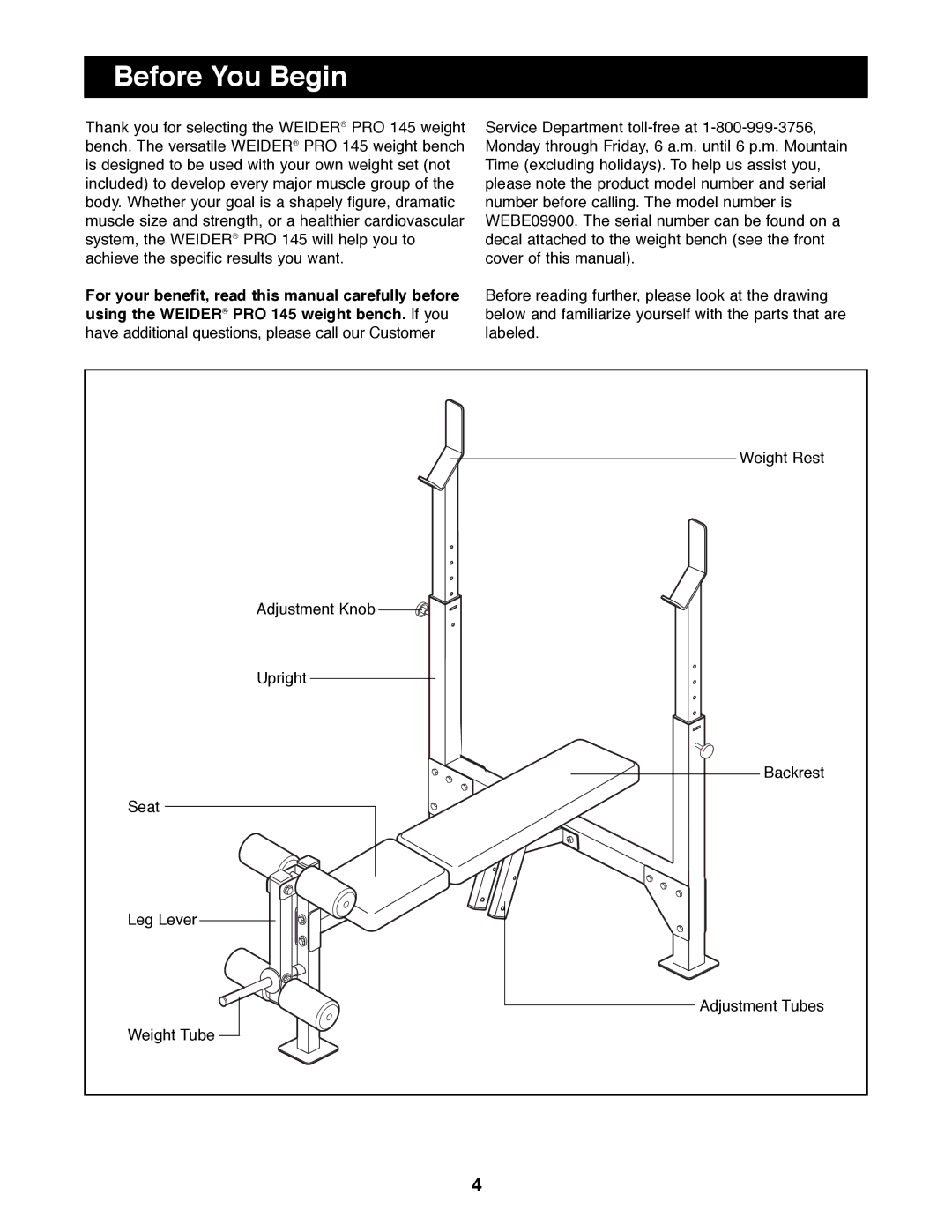 Weider WEBE09900 manual Before You Begin 