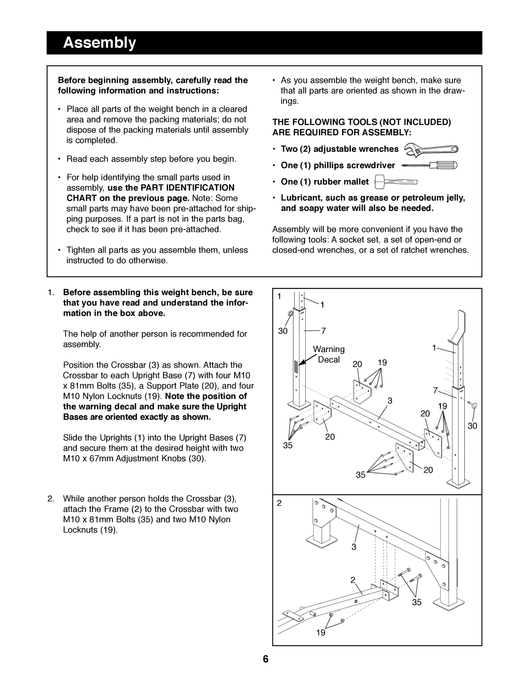 Weider WEBE09900 manual Following Tools not Included are Required for Assembly 