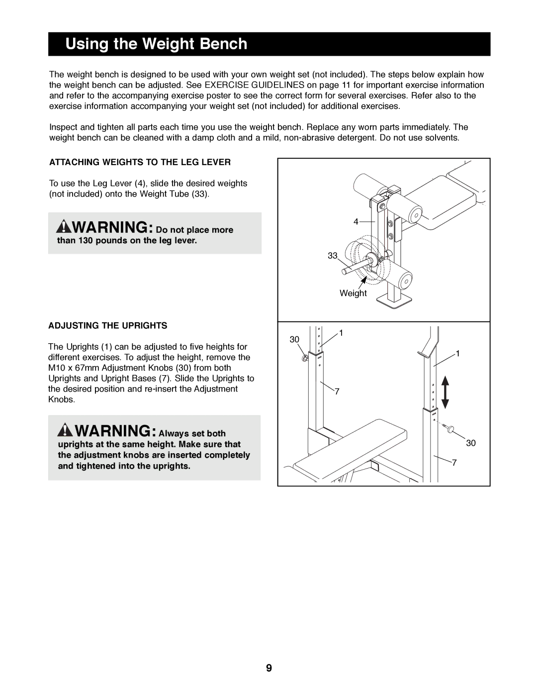 Weider WEBE09900 manual Using the Weight Bench, Attaching Weights to the LEG Lever, Adjusting the Uprights 