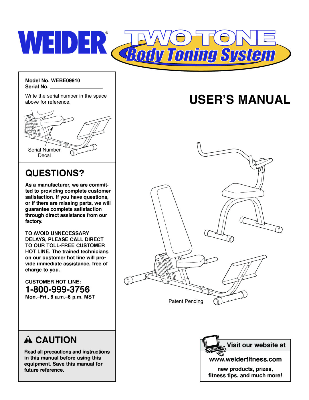 Weider user manual Questions?, Model No. WEBE09910 Serial No 