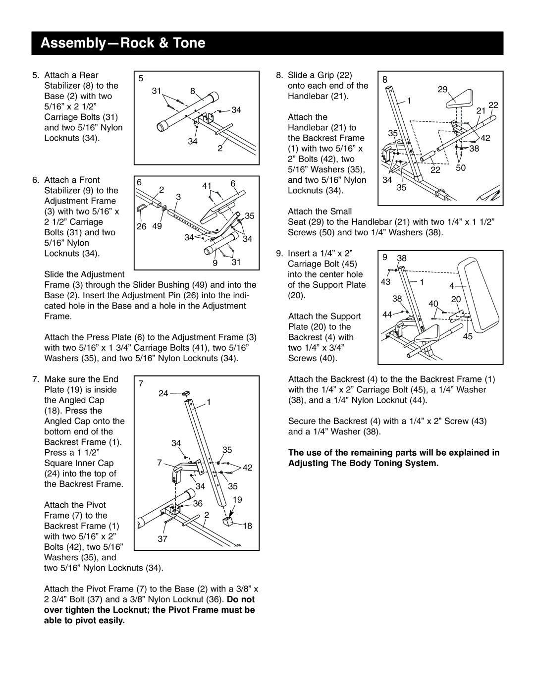 Weider WEBE09910 user manual Assembly-Rock & Tone 