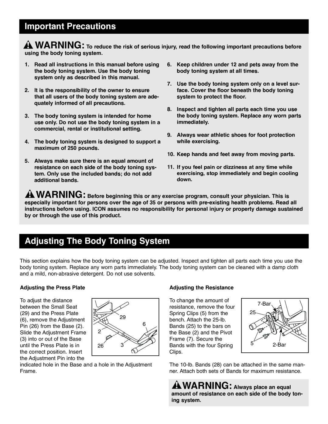 Weider WEBE09913 user manual Important Precautions, Adjusting The Body Toning System, Adjusting the Press Plate 