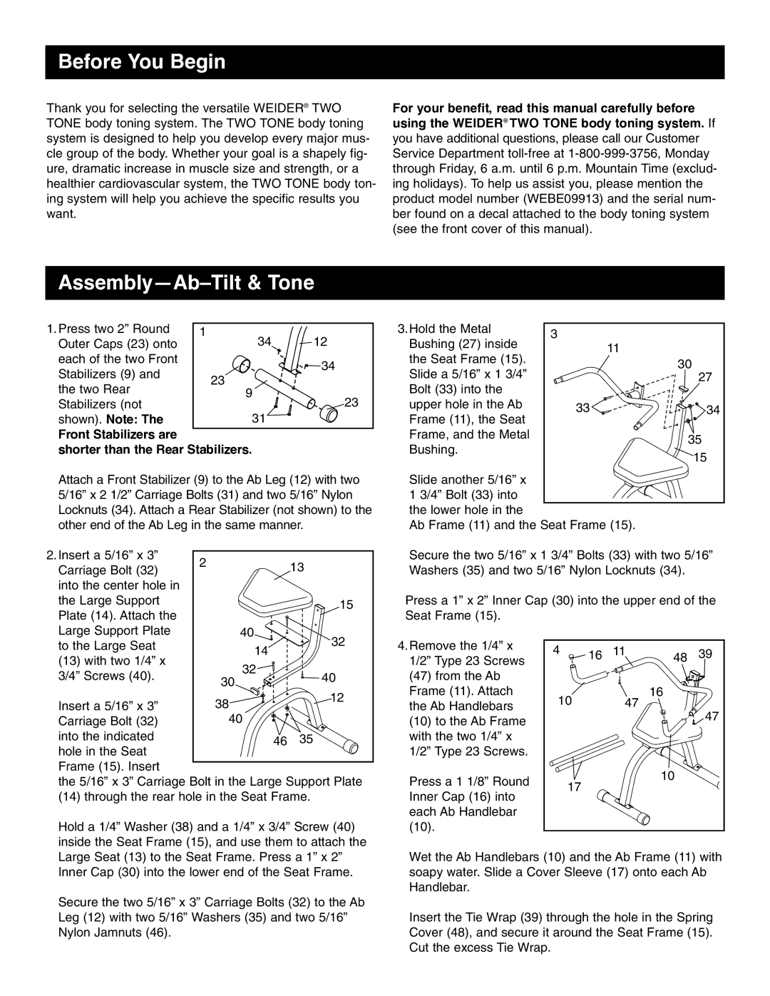 Weider WEBE09913 user manual Before You Begin, Assembly-Ab-Tilt & Tone 