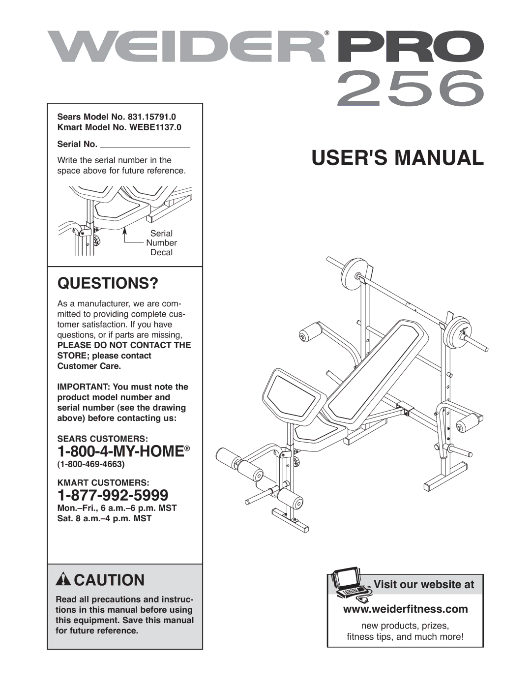 Weider WEBE1137.0 user manual Questions?, 1SEARS-800CUSTO-4-MYERS-HOME 