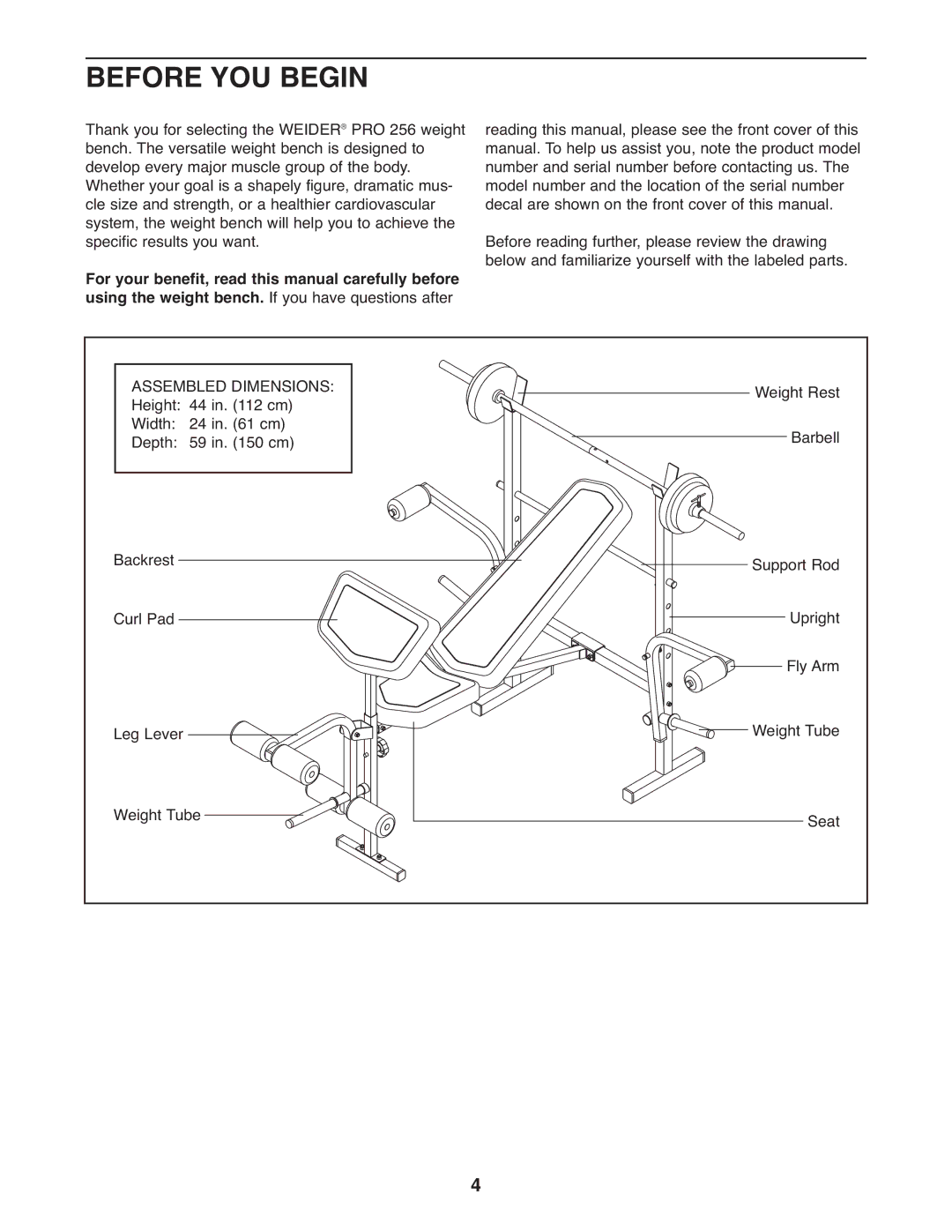 Weider WEBE1137.0 user manual Before YOU Begin, Assembled Dimensions 