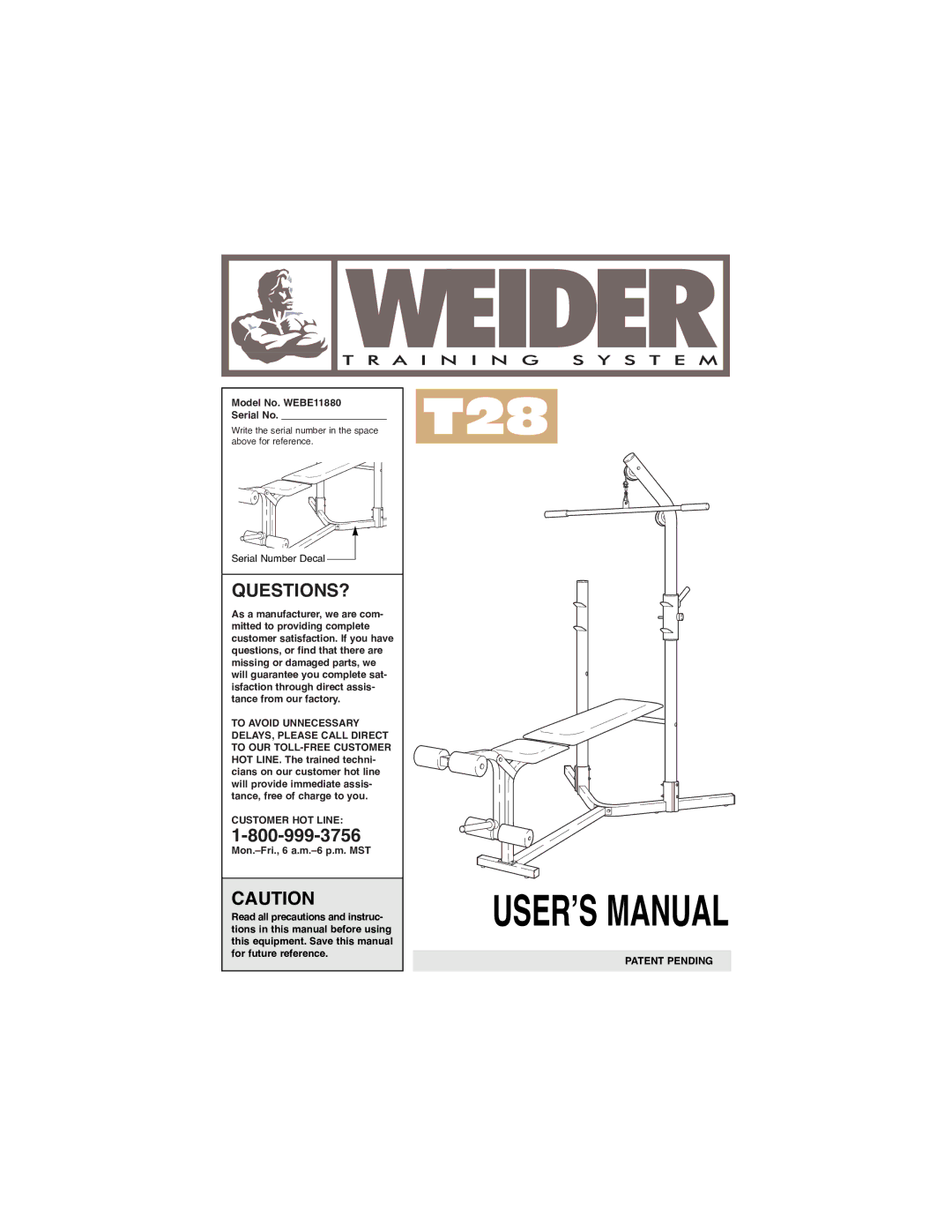 Weider manual Model No. WEBE11880 Serial No, Serial Number Decal, Customer HOT Line, Mon.ÐFri., 6 a.m.Ð6 p.m. MST 