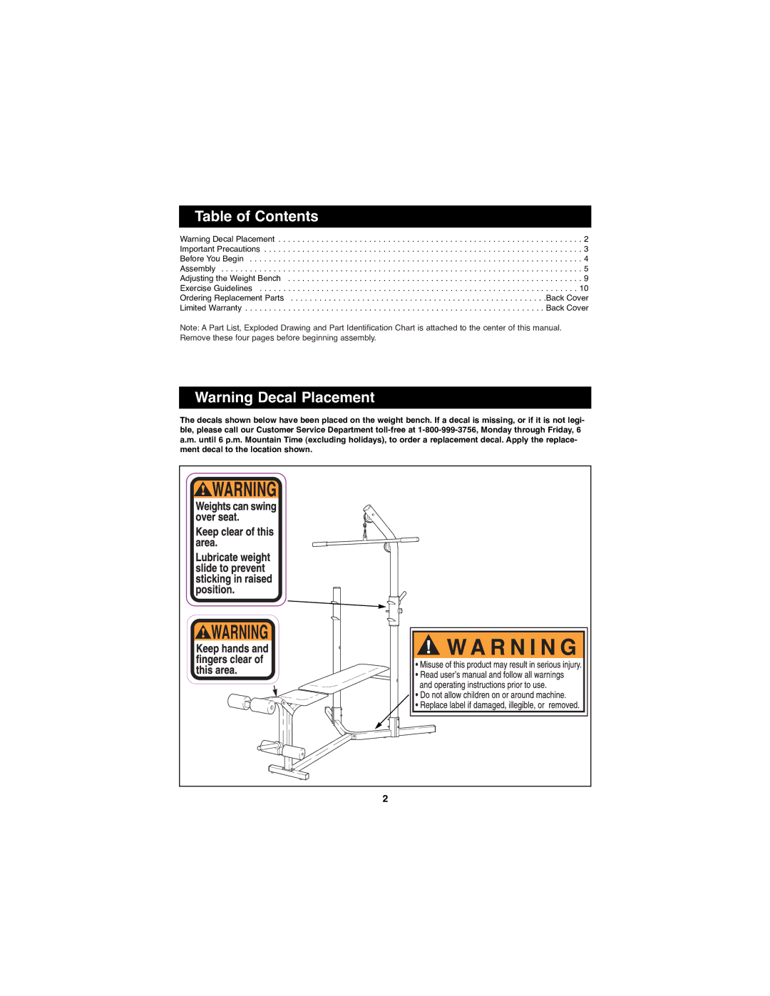 Weider WEBE11880 manual Table of Contents 