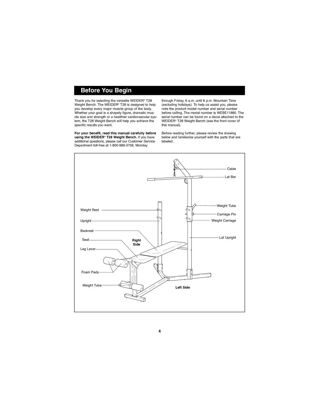 Weider WEBE11880 manual Before You Begin, Right, Leg Lever Foam Pads Weight Tube, Left Side 