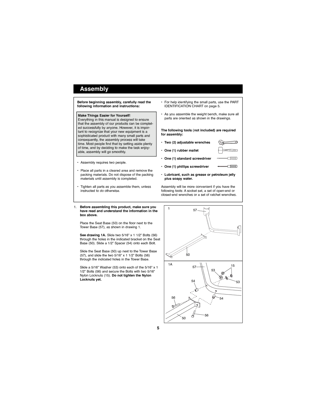 Weider WEBE11880 manual Make Things Easier for Yourself, ¥ Assembly requires two people, Locknuts yet 