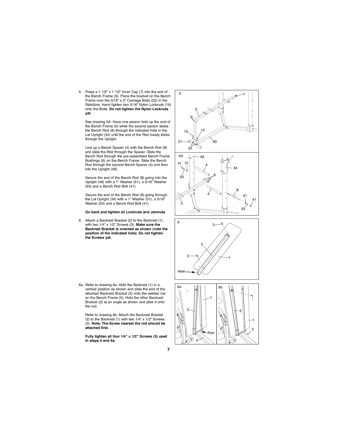 Weider WEBE11880 manual Go back and tighten all Locknuts and Jamnuts, Hole 