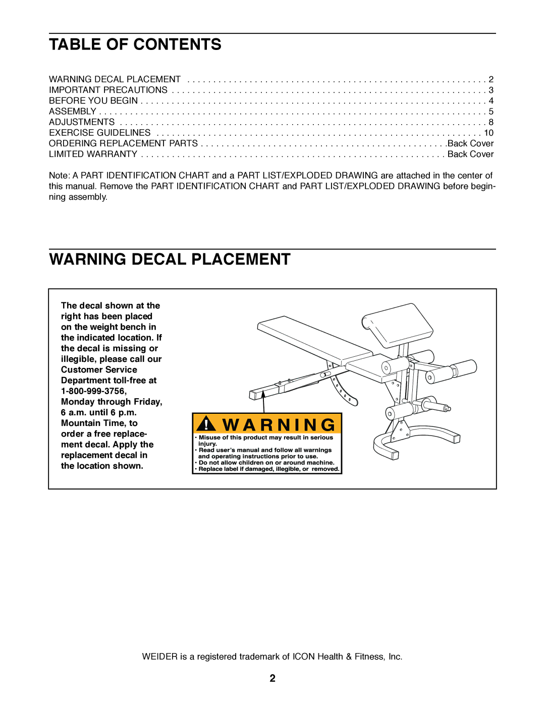 Weider WEBE11920 user manual Table of Contents 