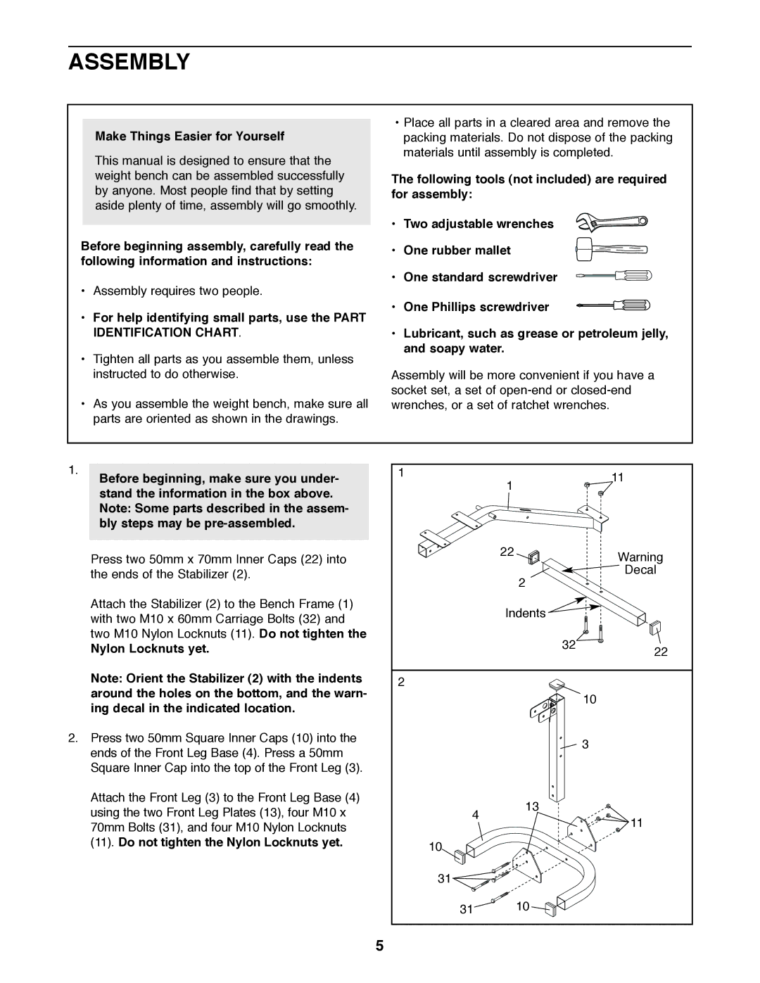 Weider WEBE11920 user manual Assembly, Make Things Easier for Yourself, Nylon Locknuts yet 