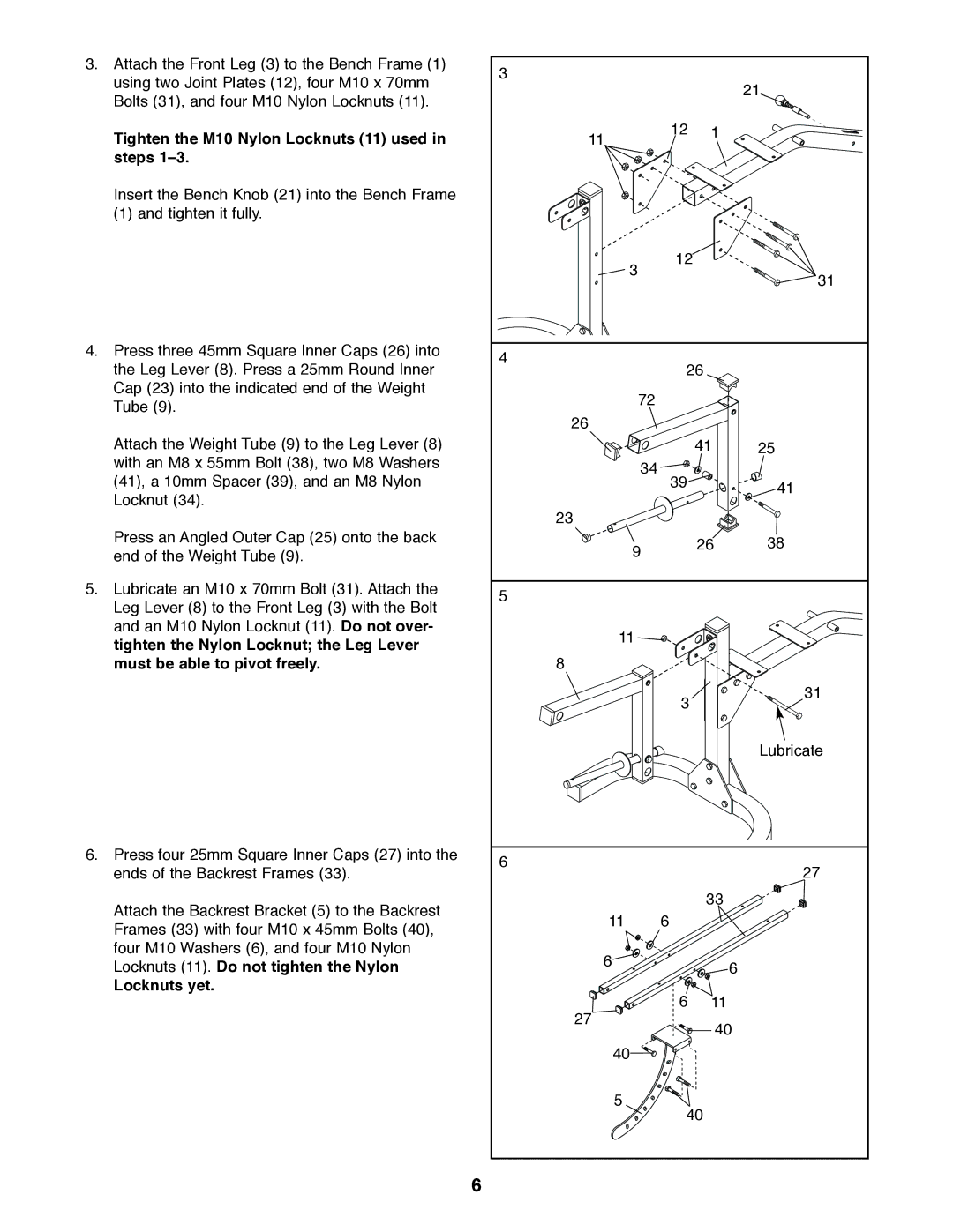 Weider WEBE11920 user manual Tighten the M10 Nylon Locknuts 11 used in steps, Locknuts yet 